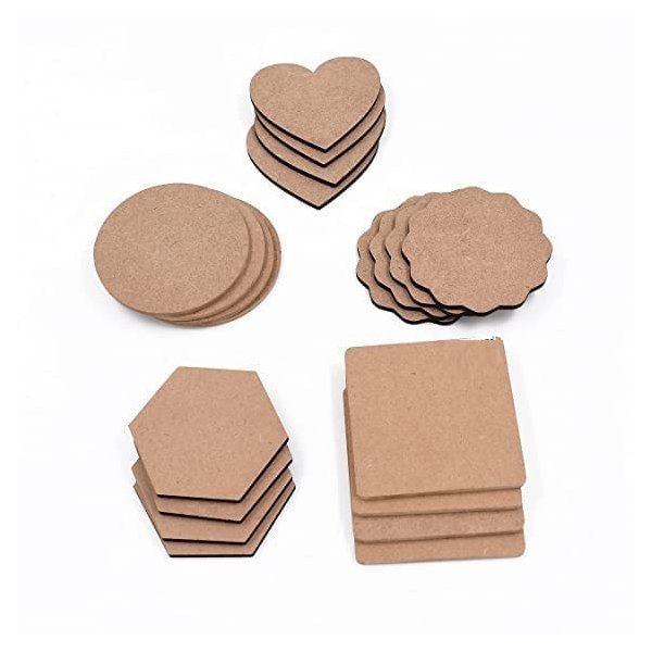 DIY Coasters - MDF Plain Wooden Coasters in Mixed Shapes - Cutouts for Painting, Wooden Craft Board for Resin Art & Fluid Art, Decoupage, Mandala Art, Pyrography - Set of 20