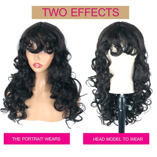 KRSI Curly Wigs With Bangs for Women Long Black Wave Wigs With Wispy Bangs Curly Fringe Shag Haircut Synthetic Wig for Black Women Daily Party Cosplay (1B)