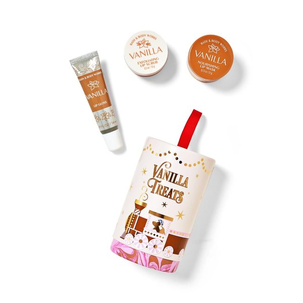 Bath & Body Vanilla Treats - Mini Gift Set - 3 Step Lip Routine with Exfoliating Lip Scrub, Lip Mask, and Lip Gloss - Arranged in a Festive Gift Box