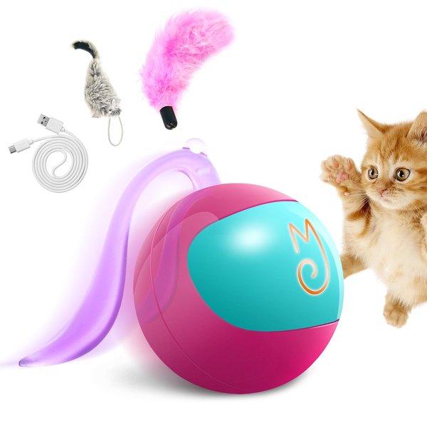 Migipaws Interactive Cat Ball Toy Set, Fun Tracker, Automatic Rolling Chase Ball with Fluffy Tail, A Small Mice, Rechargeable（Rose）