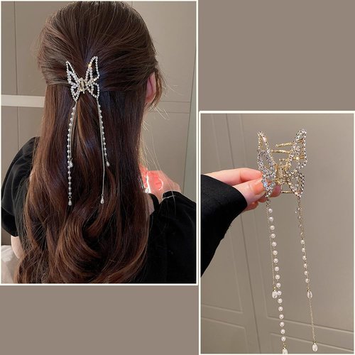 Ahoney Butterfly Hair Clips, 2.1" Metal Hair Claw Clips with Long Tassels, Metal Hair Clips Mini Butterfly Clips Cute Hair Styling Accessories for Women Girls (2PCS Rhinestone Butterfly)