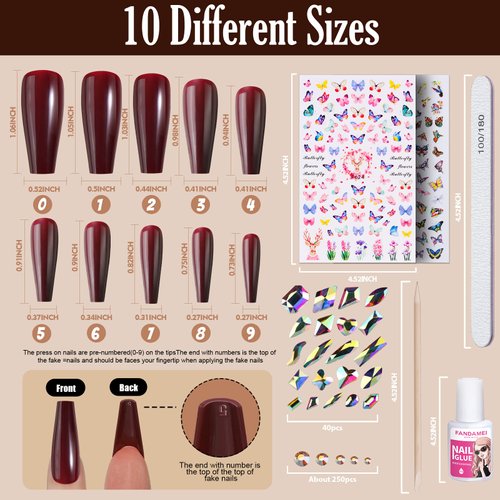 FANDAMEI Press on Nails Long, 13 Packs 312 PCS Glossy Press on Nails Long Coffin, Full Cover Long Ballerina Fake Nails, Acrylic False Nail Tips with Nail Glue, Nail Rhinestones, Nail Art Stickers