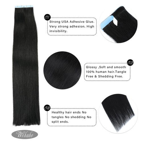 Tape in Hair Extensions Human Hair 100% Real Remy Human Hair 50g 20pcs/Set Brazilian Virgin Hair Straight Seamless Invisible Skin Weft Extensions (22 Inch,#1Jet Black)