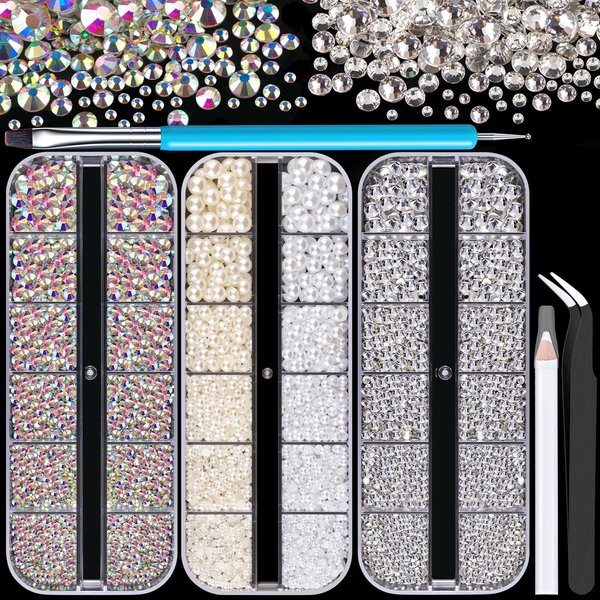 Rhinestones for Nails & Pearls, Manicure Kit, 2-5mm Flat Back Glass Crystal AB + Transparent Clear Gemstones, 2-6mm White & Beige Half Round Pearls, Gems for Nail Art with Pickup & Dotting Tools