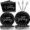Wiooffen 96PCS Black Silver Birthday Paper Plates and Napkins Party Supplies Happy Birthday Party Decorations Disposable Birthday Party Tableware Dinnerware Set for Women Men Birthday Serves 24 Guests