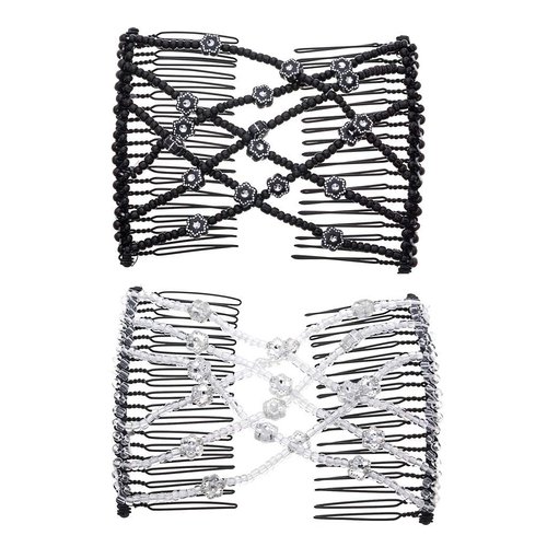 LOVEF 2Pcs Magic Hair Comb Clip for Women Girls Beaded Flower Barrette Hairpin Elastic Double Hair Combs Clips Hair Accessories