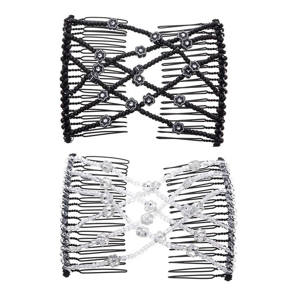 LOVEF 2Pcs Magic Hair Comb Clip for Women Girls Beaded Flower Barrette Hairpin Elastic Double Hair Combs Clips Hair Accessories