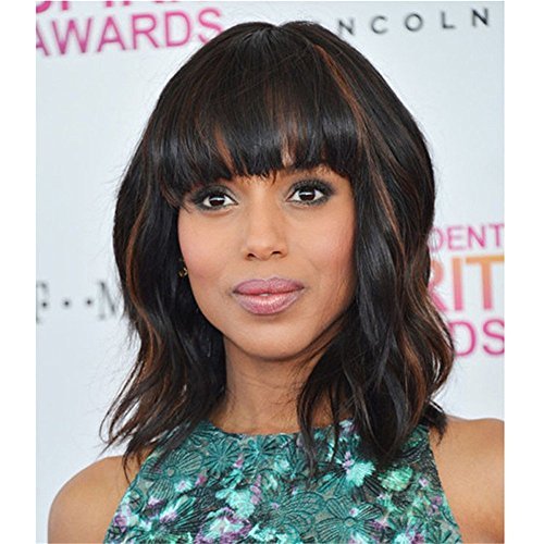 DEYNGS Fashion Short Wavy Wigs With Flat Bangs Natural Black Synthetic Full Wigs For Women None Lace Wigs That Look Real Heat Resistant +Free Wig Cap (Black Mix Brown)