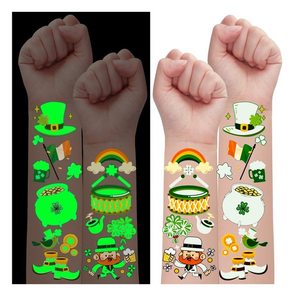 Partywind 200 Styles Luminous St Patrick's Day Temporary Tattoos for Kids Party Favors, Glow Saint Patrick's Day Accessories Decorations, Special Irish Shamrock Stickers for Kids Gifts (10 Sheets)