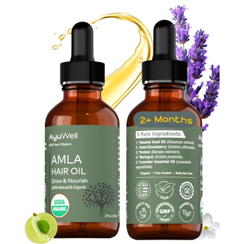 AyuWell Amla Hair Oil, Lightweight Indian Hair Growth Oil - USDA All Types - Ayurvedic Hair Oil Nourishing Scalp, Indian Hair Oil, Bhringraj Oil, Amla Oil Hair Growth, Indian Hair Care - 2oz
