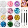 12 Colors Body Glitter Gel Kit, Super Long Lasting Holographic Chunky Glitter Gel Festival Party Makeup for Face, Body, Hair, Nail Art, Eyeshadow, 3Pcs Sponge Makeup Brush Include (Set A)