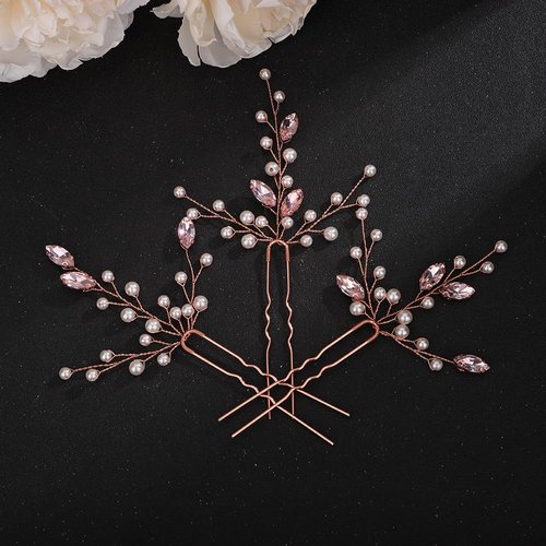 Teyglen 3pcs Crystal Pearl Bridal Hair Pins Pink Pearl Bride Wedding Hair Pins Set for Bride Wedding Hair Accessories Handmade Red Black Blue Pearl Hair Pieces for Women Bridesmaid Girls (Pink)