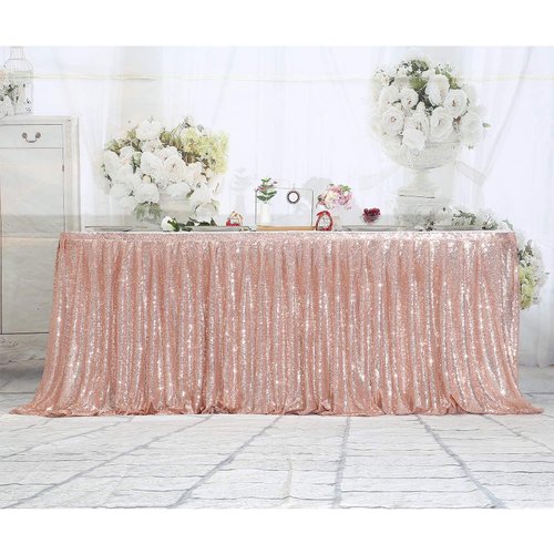PartyDelight 6ft Rose Gold Sequin Table Skirt for Round/Rectangle/Square Table for Birthday Party Wedding Christmas.