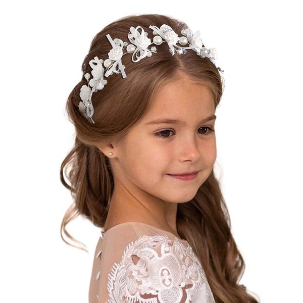 Campsis Crystal Girls Headpiece White Rose Pearl Headband Wedding Flower Girls Hair Piece 3D Flower Hair Accessories for Girls and Bridal