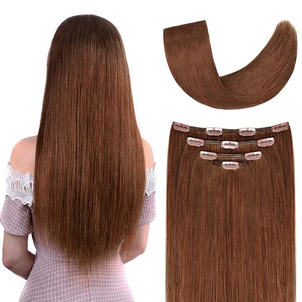 20" Clip in Hair Extensions Remy Human Hair for Women - Silky Straight Long Human Hair Clip on Extensions Medium Auburn 75grams 4pieces #30 Color