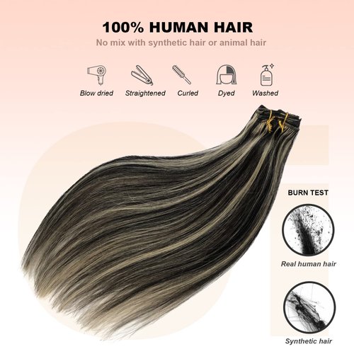 Real Hair Clip in Extensions, OiMiGO Blonde Highlighted Clip in Human Hair Extensions Honey Blonde Highlights Black Hair Extensions 7 Pieces 18 Inch 70g Invisible Clips Straight Clip on Extension