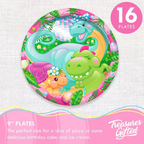 Treasures Gifted Girl Dinosaur Plates 16ct - 9 Inch Little Dinosaur Party Plates - Girl Dinosaur Party Decorations - Dinosaur Decorations for Birthday Party - Girl Dinosaur Party Supplies