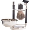 "Mach 3" Razor & Pure Badger Brush with Soap Dish on Chrome Black Stand.