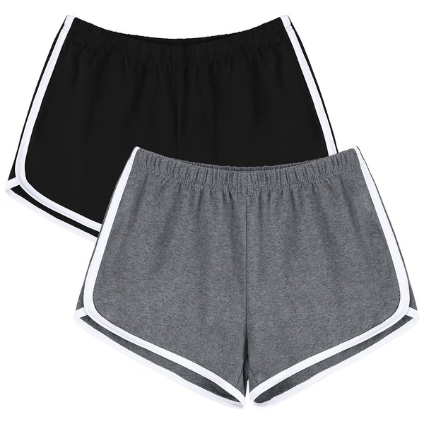 URATOT Women's Cotton Shorts Gym Shorts Yoga Shorts Summer Running Active Shorts Dance Elastic Shorts, Pack of 2 Black, Dark Grey