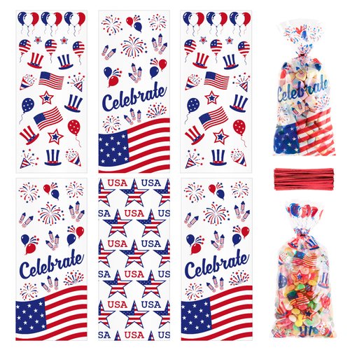 Whaline 150Pcs Patriotic Cello Bag, 11.4" x 5.1" Candy Cellophane Bags with Red Twist Tie, 3 Style 4th of July Gifts Bags Party Favors Treat Bags for Sports Event Independence Day Party Table Setting