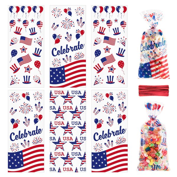 Whaline 150Pcs Patriotic Cello Bag, 11.4" x 5.1" Candy Cellophane Bags with Red Twist Tie, 3 Style 4th of July Gifts Bags Party Favors Treat Bags for Sports Event Independence Day Party Table Setting