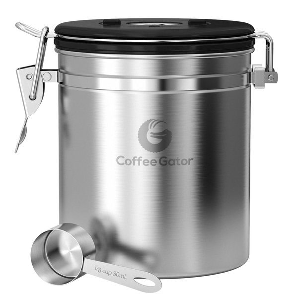 Coffee Gator Stainless Steel Canister - Medium 16oz, Silver Coffee Grounds and Beans Container with Date-Tracker, CO2-Release Valve, and Measuring Scoop - Ideal Coffee Lovers Gifts for Her