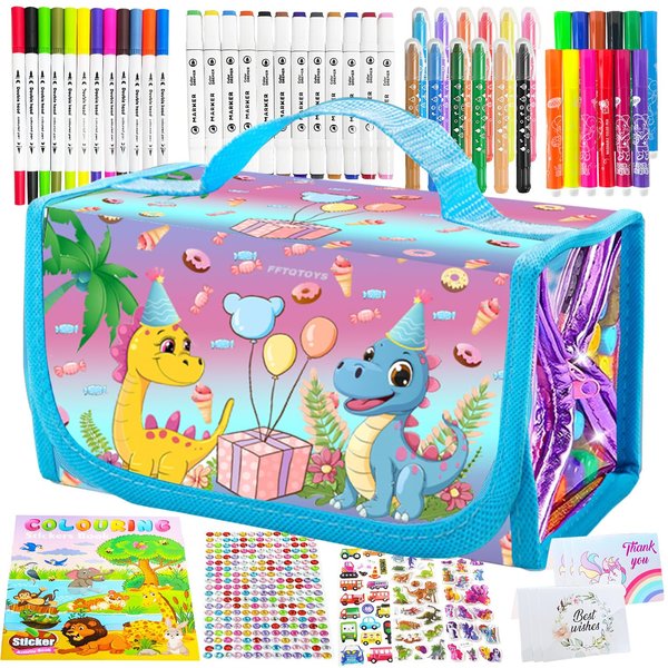 FFTQTOYS Washable Scented Markers Set with Dinosaur Pencil Case 64pcs Stickers,Wishes Cards,Coloring pens DIY Art Craft Christmas/School/Holiday Gifts Boys 3-12