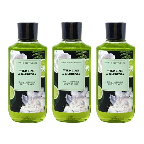 Generic Bath and Body Work Wild Lime & Gardenia Shea + Vitamin E Shower Gel Value Pack - Set of 3, Full Size, Green