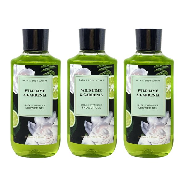 Generic Bath and Body Work Wild Lime & Gardenia Shea + Vitamin E Shower Gel Value Pack - Set of 3, Full Size, Green
