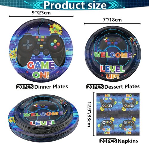 Video Game Party Decorations, Disposable 7” and 9” Plates and Napkins, Tablecloth Video Game Party Set, Gaming Birthday Party Supplies for Boys Gamers, 61 PCS