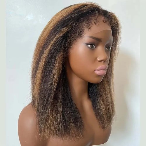 4C Kinky Edges HD Lace Front Bob Wigs Human Hair P1B/27 Ombre Highlight Short Kinky Straight Wigs Pre Plucked Bleached Knots Glueless Brazilian Hair Honey Blonde Human Yaki Wigs For Woman 10Inch