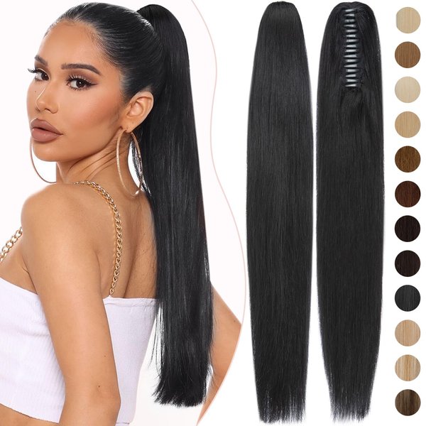 Rich Choices Claw Clip Ponytail Extension Human Hair Real Hair Ponytail Extension Balayage Jet Black 14 Inch 105g One Piece Clip In Long Ponytail Hair Extensions Straight For Women #1