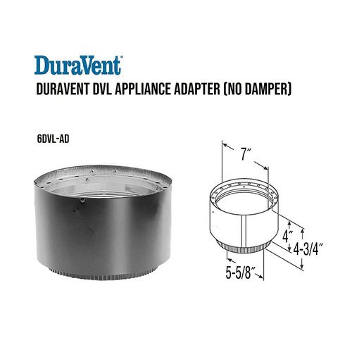 DuraVent DVL 6DVL-AD 6 Inch Stainless Steel Double Wall Air Insulated Section Wood Burning Stove Top Connecting Adapter, Black