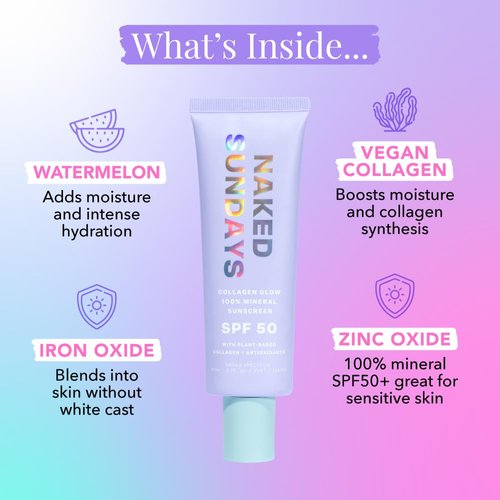 Naked Sundays SPF50+ Collagen Glow 100% Mineral Sunscreen, Hydrating 100% Mineral Sunscreen With Zinc Oxide, Vegan Collagen, Primer & A Sheer Tint for Healthy Glow, 80ml (80ml)