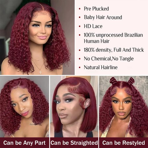 Realloves Burgundy Curly Wigs Human Hair,13x4 Short Curly Lace Front Wigs Human Hair Colored Short Curly Bob Human Hair Wig Per Plucked with Baby Hair for Women (99j bob wigs 14inch)