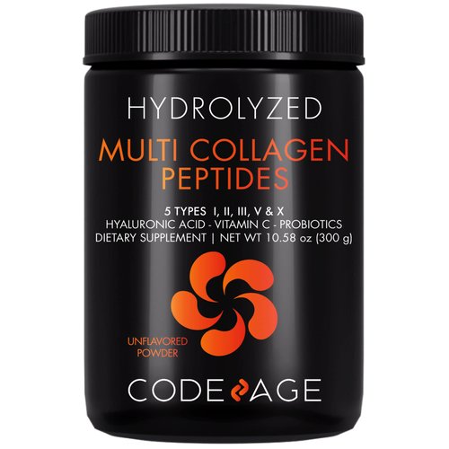 Codeage Multi Collagen Peptides + Probiotics Black Edition, Vitamin C, Hyaluronic Acid Powder Supplement, Grass-Fed, Pasture-Raised, Hydrolyzed, Zero Carbs, Type I, II, III, V & X, Unflavored, 10.58oz
