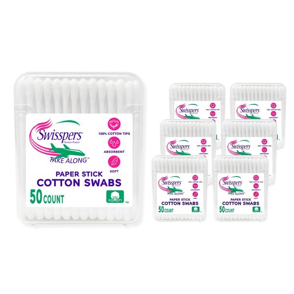 Swisspers Take Along Cotton Swabs, 100% Cotton Double-Tipped, White Paper Sticks, Travel Size, 6-Pack, 50 Swabs Per Packages (300 Swabs Total)
