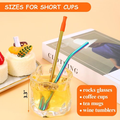 Lazycorner 16 Short Metal Straws, 6mm 5.5" 6.5" Kids Reusable Straws+Silicone Tips+Cleaner, Mini Small Stainless Steel Straws Fit 8 10 12 oz Tumbler/Wine Tumblers, Reusable Cocktail Straws(Rainbow)