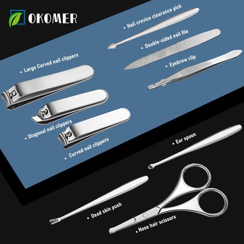 Manicure Set, OKOM Manicure Kit, Travel Essentials Nail Kit, Nail Care Set with Nail Clippers Nail File and Cuticle Pusher, Gifts for Men and Woman,Nail Set with Luxurious PU Leather Case(9Pcs)
