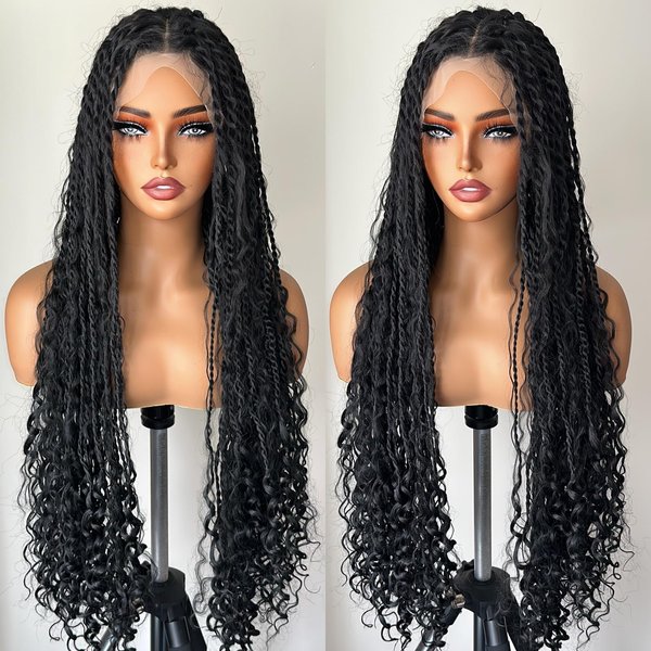 FABÉLLE Full Lace Braided Wigs Knotless Box Braided Wig with Boho Curls Natural Black Boho Braided Wig for Black Women Bohemian Braided Lace Front Wigs 30 Inch