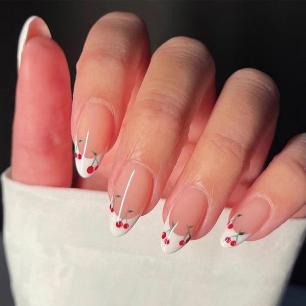 24 Pcs Press on Nails Short Almond - CEWEWP Winter Almond Fake Nails Press ons White French Nail Tips with Cherry Design Full Cover False Nails Glue on Nails Artificial Acrylic Nail Art Kit