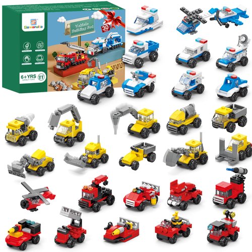 30PCS Party Favors for Kids Fire Truck Building Set - City Police Car Building Toys for Gift Bag Stuffer - Mini Block Construction Vehicle Classroom Prizes for Boys Toys 6-12