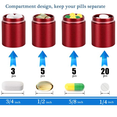 PPFISH 2 PCS Portable Daily Pill Case, 3 Compartments Aluminum Alloy Waterproof Pill Box Dispenser, Small Pocket Pill Container, Keychain Pill Fob, Travel Pill Holder for Men Women