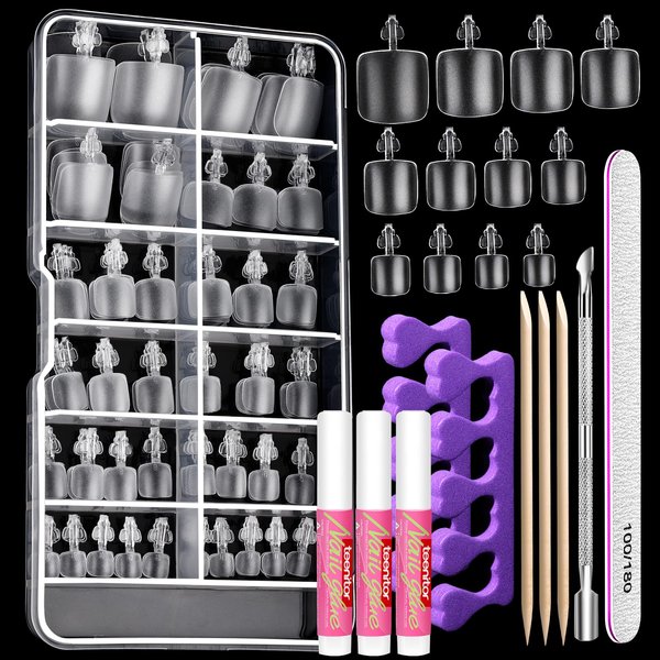 Teenitor Acrylic Toe Nail Tips Kit with Nail Glue, Short Square Press on Toenails for Women, Matte Toe Nail Press ons Fake Toenails Kit, Glue on Toe Nails for Women Short Gel Toenails Tips