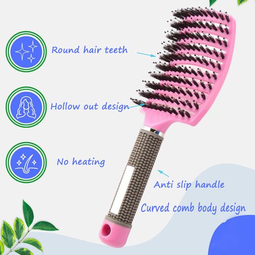2Pack Curved Vented Hair Brush Detangling, Boar Bristles Hair Brush Professional Vent Styling Brush for Women, Men, Girls Wet Dry Long Curly Thick Straight Hair (Pink& Purple)