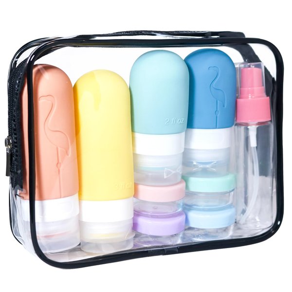 Rukinovi 17Pcs Travel Bottles Set,TSA Approved Travel SizeToiletries Leak Proof Silicone Squeezable Containers for Shampoo,Conditioner,Lotion Etc,Easy Dispensing Travel Size Accessories Essentials Kit