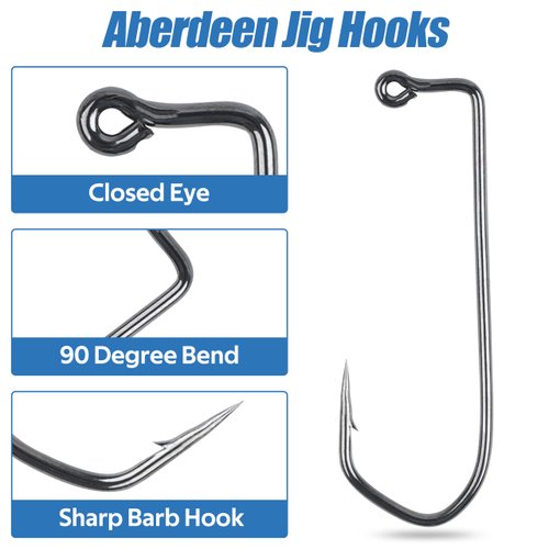 90 Degree Jig Hooks, 100pcs Aberdeen Jig Hooks Barbarian Hooks Long Shank Forged Duratin Jig Hooks Round Bend High Carbon Steel Saltwater Fishing Jig Hooks Kit 1/0-6/0