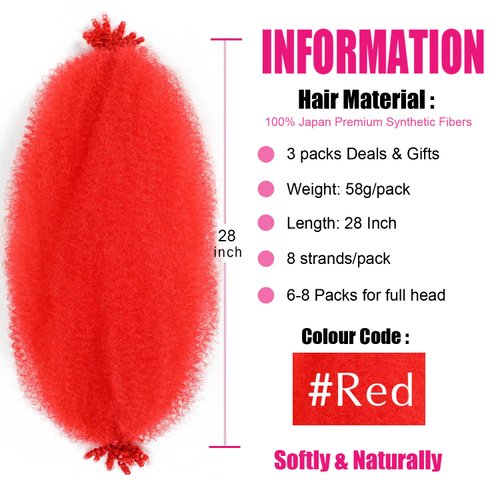 Afro Twist Hair 28 Inch 3 Packs, Springy Afro Twist Hair Pre Fluffed Spring Twist Hair Pre Stretched Wrapping Hair for Soft Locs Hair Extensions (Red#)