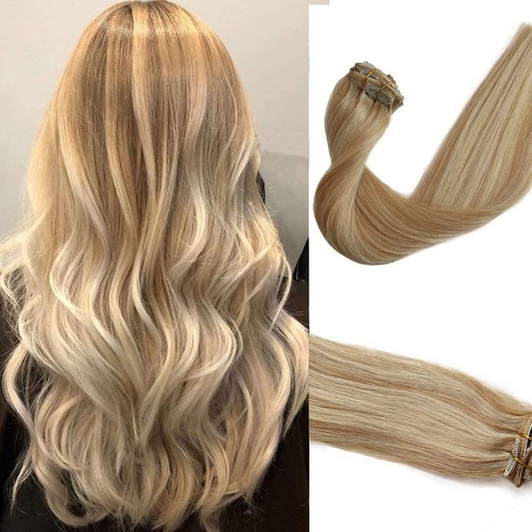 Remy Clip in Hair Extensions Balayage Soft Real Human Hair Extensions 22 Inch Human Hair Natural Beige Blonde with Bleach Blonde 70g 7Pcs For Women