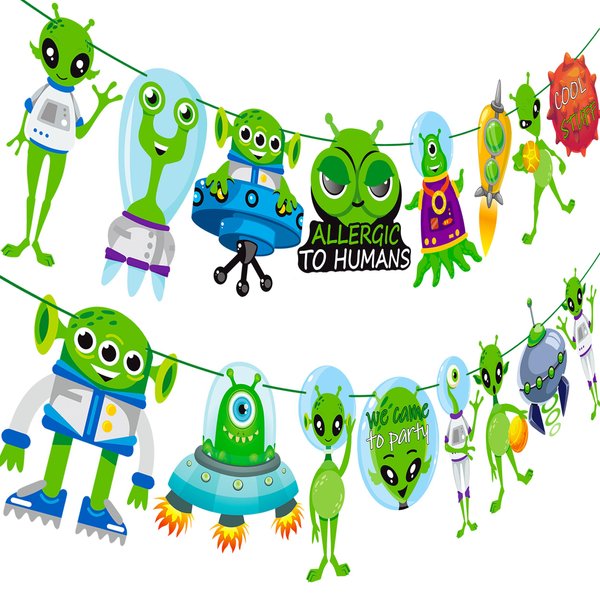 Alien Party Banners Alien Birthday Party Banners 2Pcs Alien Cutouts Banners UFO Space Garlands Banner Decorations for Alien Theme Baby Shower Supplies